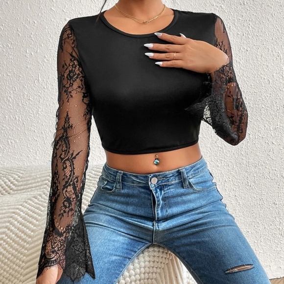 Black Open Back Eyelash Lace Crop Top - Picture 4 of 5